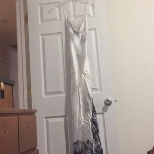 Backless Silver Silky Evening Gown ABS Evening